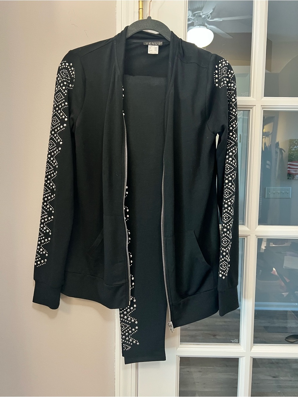 VENUS Black Zip-Front knit Jacket w/Silver Stud Detailing and matching leggings